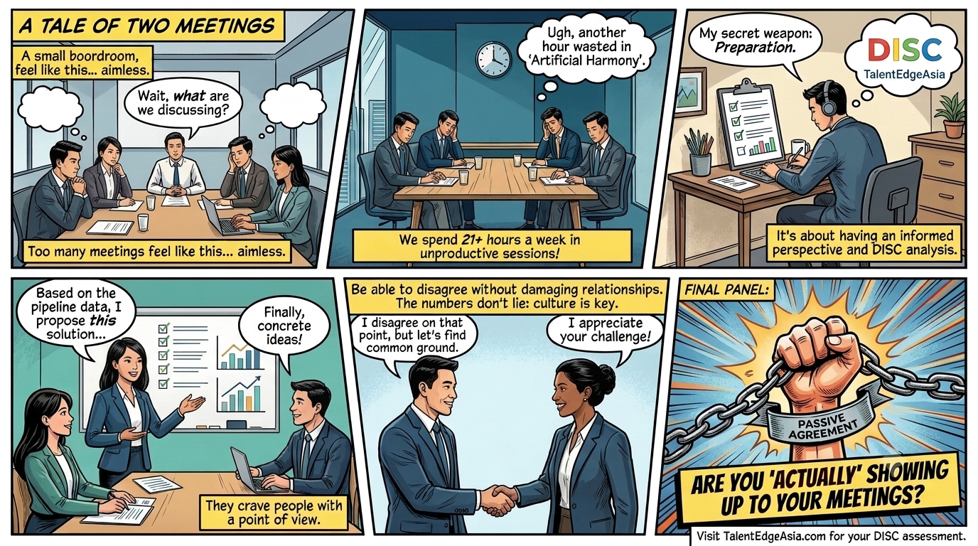 A Tale of Two Meetings — comic strip illustrating artificial harmony in meetings vs. prepared, data-driven contribution. TalentEdge Asia DISC assessment.